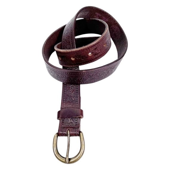 Leather Belt | Dark brown tooled leather with antiqued brass hardware - Picture 1 of 6